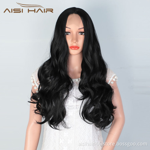Aisi Hair Natural Looking Long Wavy Curly Body Wave Natural Black Lace Frontal Synthetic Hair For Black Women Lace Front Wig